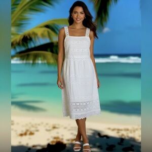 J Crew white lace eyelet midi dress cotton size 12 ruffle straps sundress lined